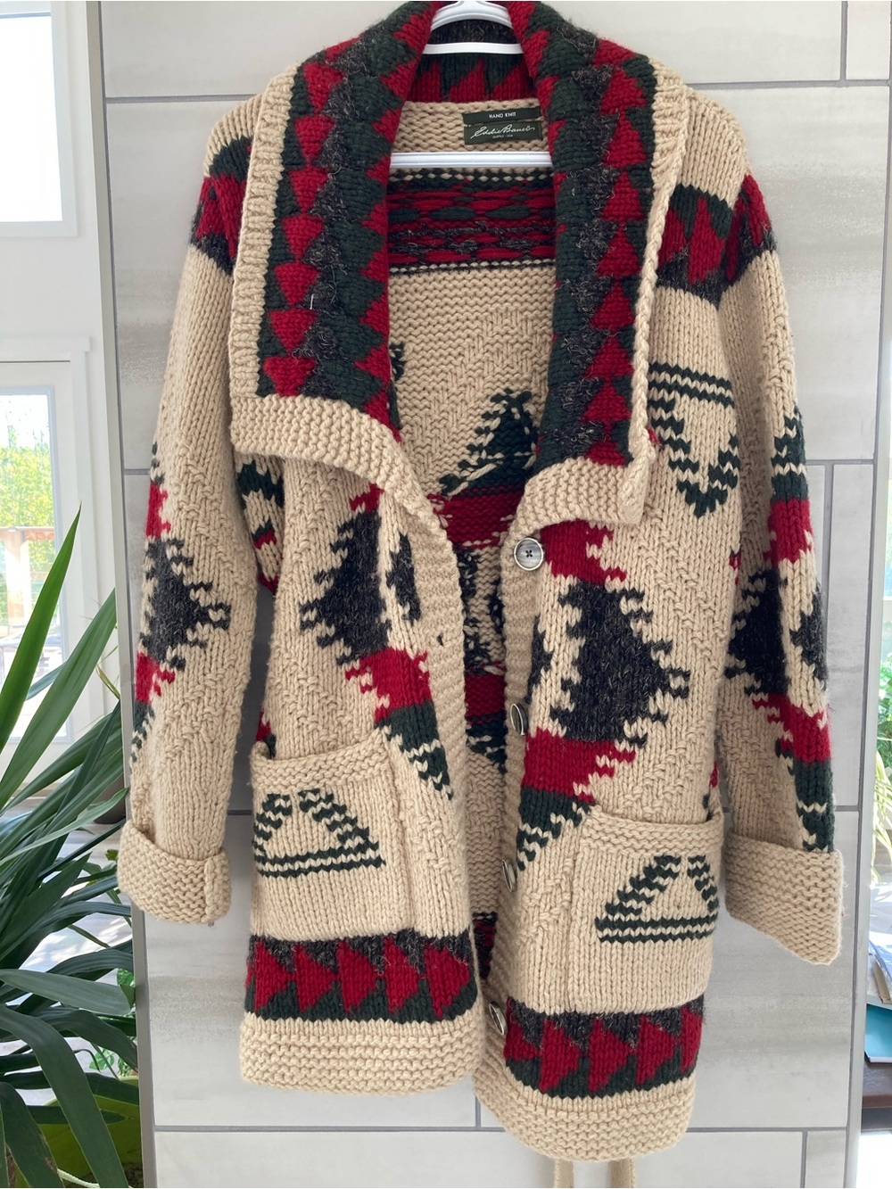 Eddie Bauer Beige Shawl Cardigan with Red & Dark Green Tribal Pattern